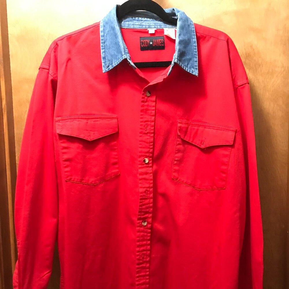 Cody James Western Rodeo Short Sleeve Denim Collar Button Up Shirt Red Large